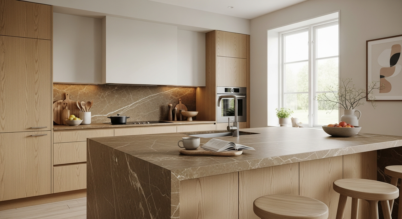 Erilaisia tekstuureja ja värejä keittiön välitilassa