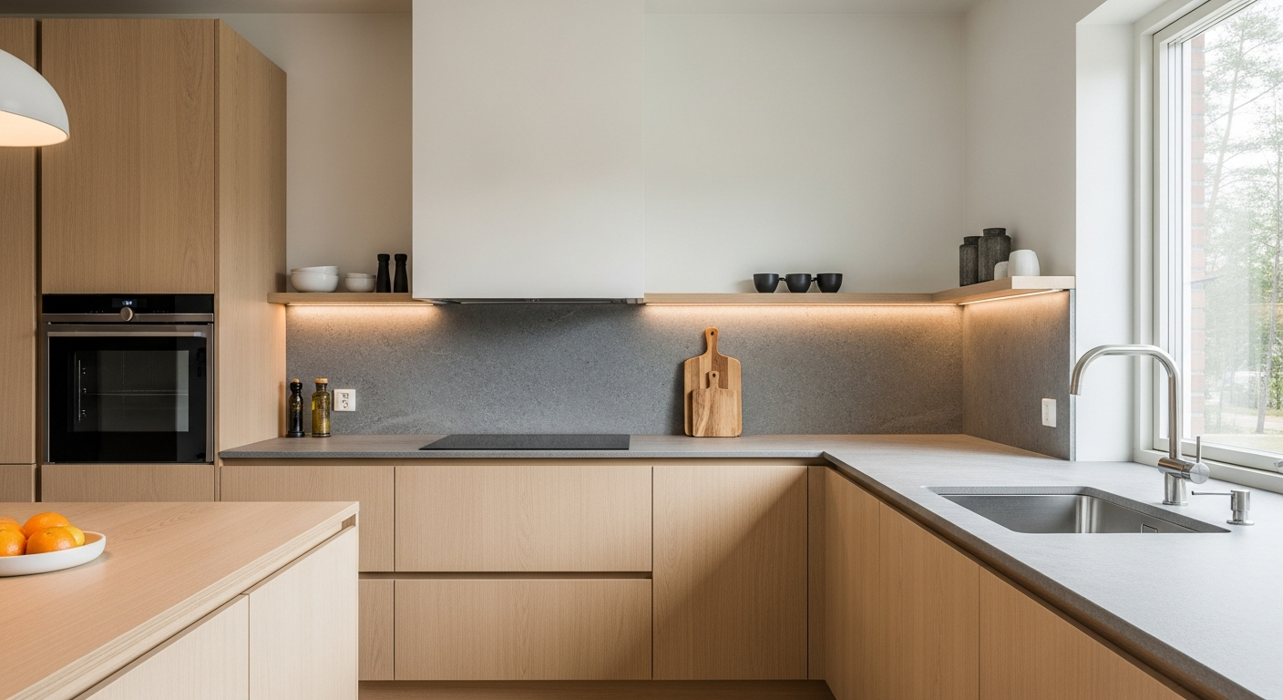 Edullinen keittiö korkeapainelaminaatti materiaaleilla ja älykkäillä ratkaisuilla