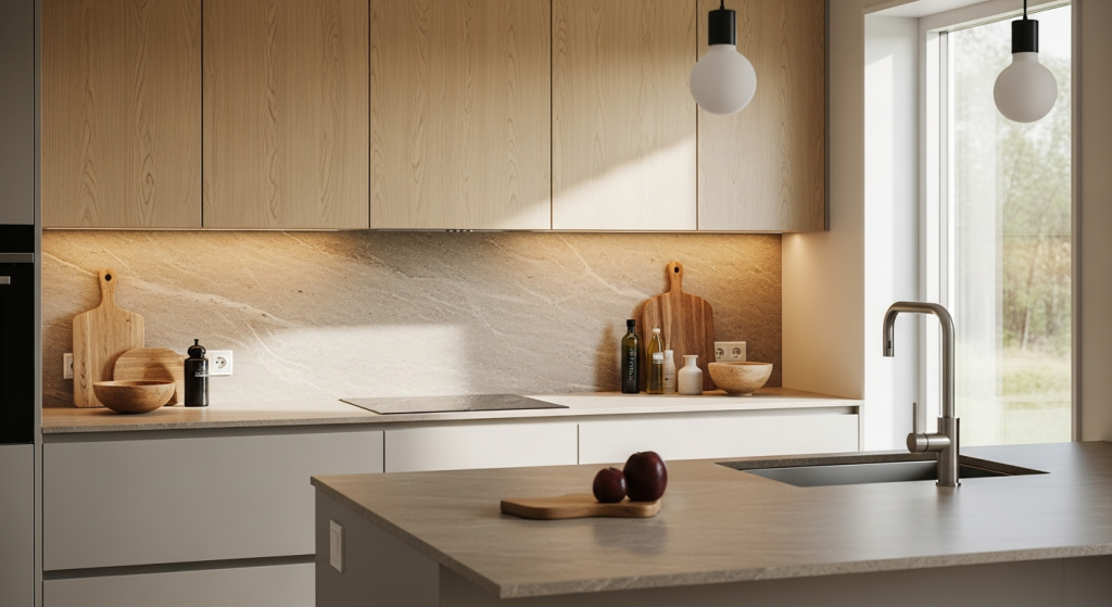 Ennen ja jälkeen kuva keittiöstä uusilla ovilla vanhoissa rungoissa