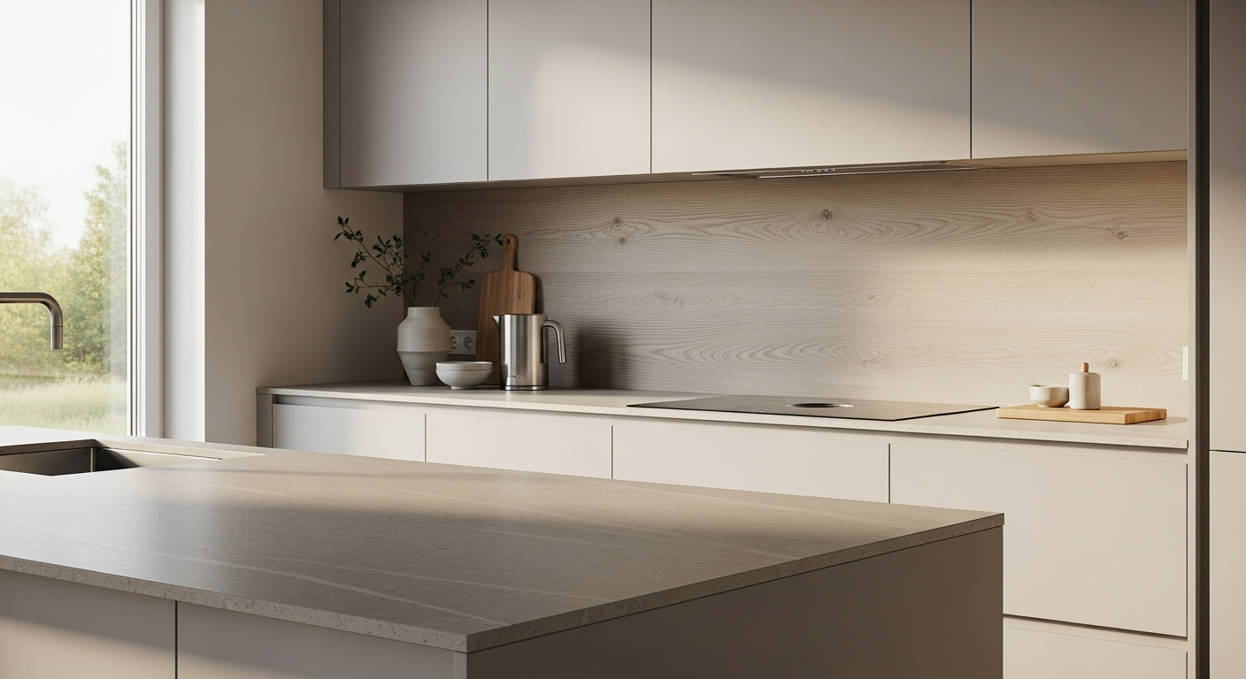 Keittiökalusteet korkeapainelaminaatti ovilla ja kivikomposiitti työtasolla