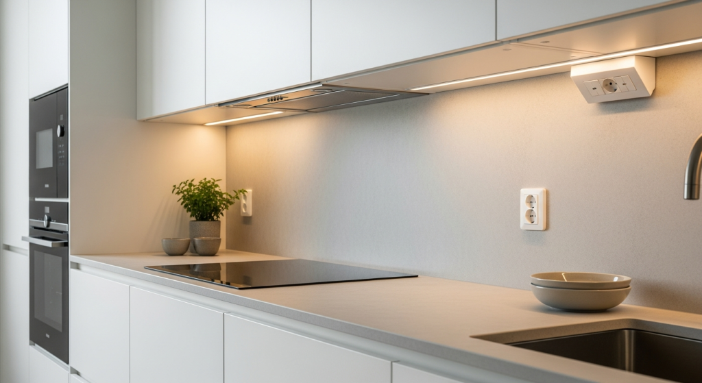 Moderni keittiötaso kivikomposiittia ja laminaattia 2026 keittiösuunnittelu